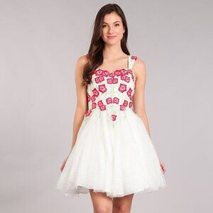 Floral Embroidered White and Red Mini Dress